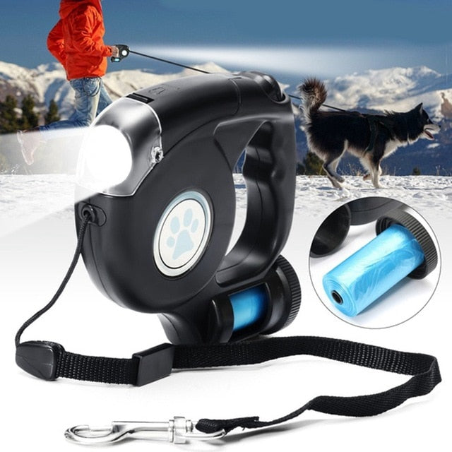 LED Flashlight Retractable Leash with Garbage Bag Holder